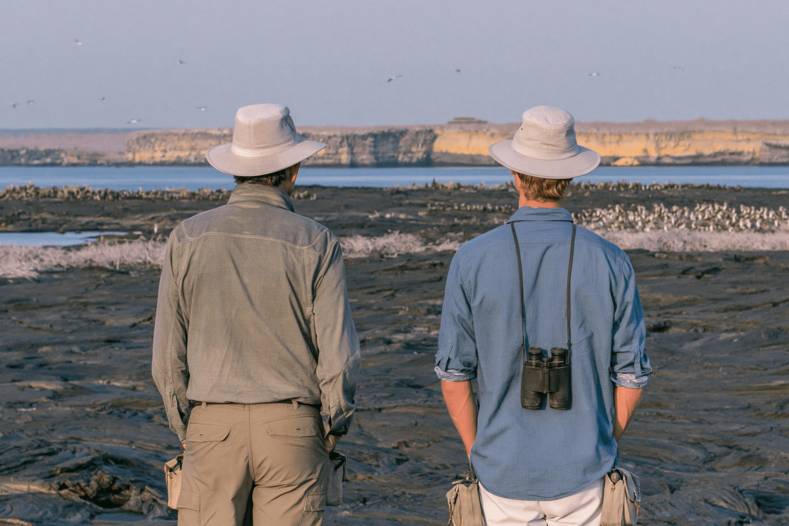 Marc and Emile Patry on a Galápagos visitor site in field clothes with binoculars, watching a seabird colony in the distance at golden hour.