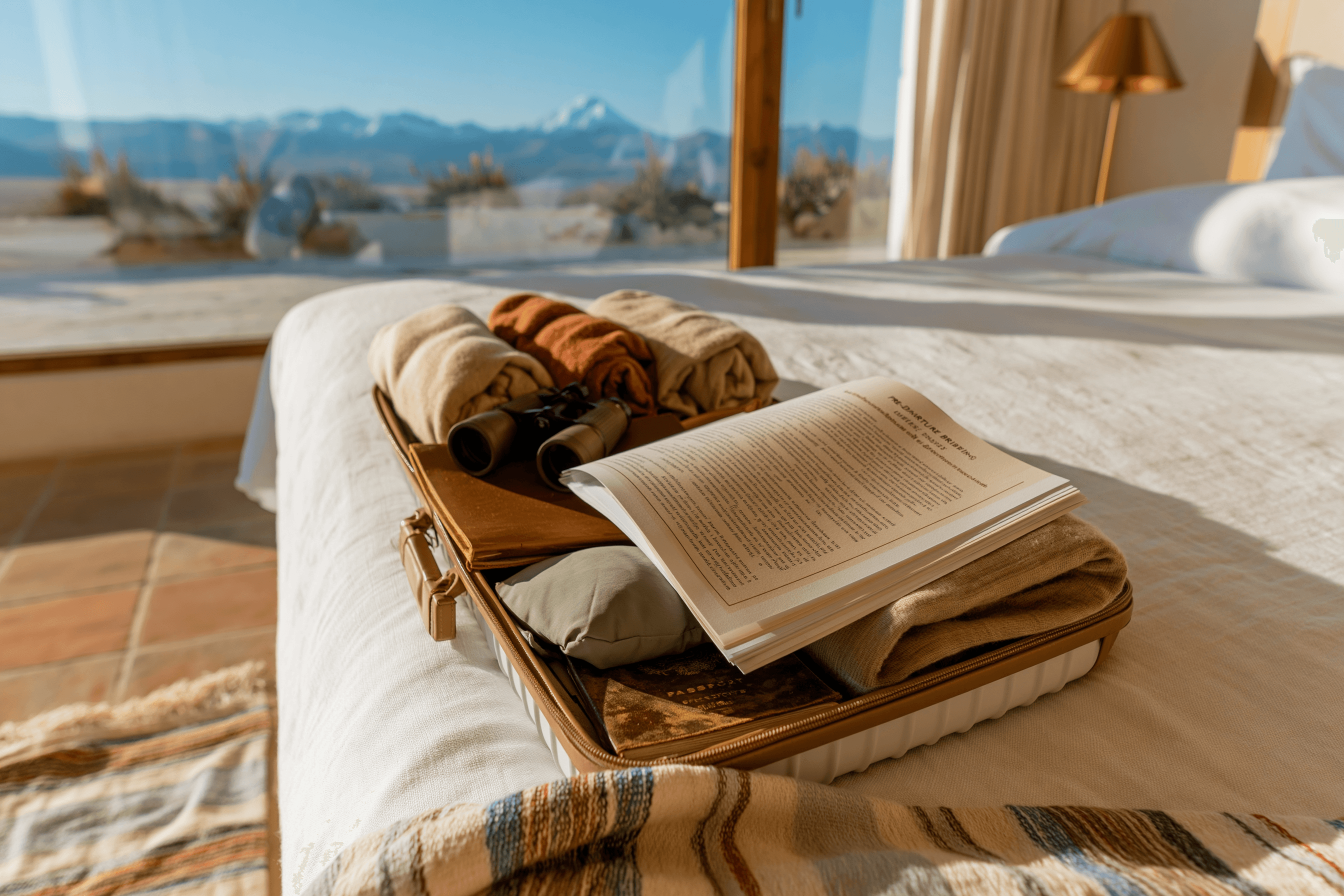 An open suitcase on a hotel bed with rolled clothes, binoculars, and the operator’s pre-departure briefing PDF beside it; the Andean cordillera through the window in golden light.