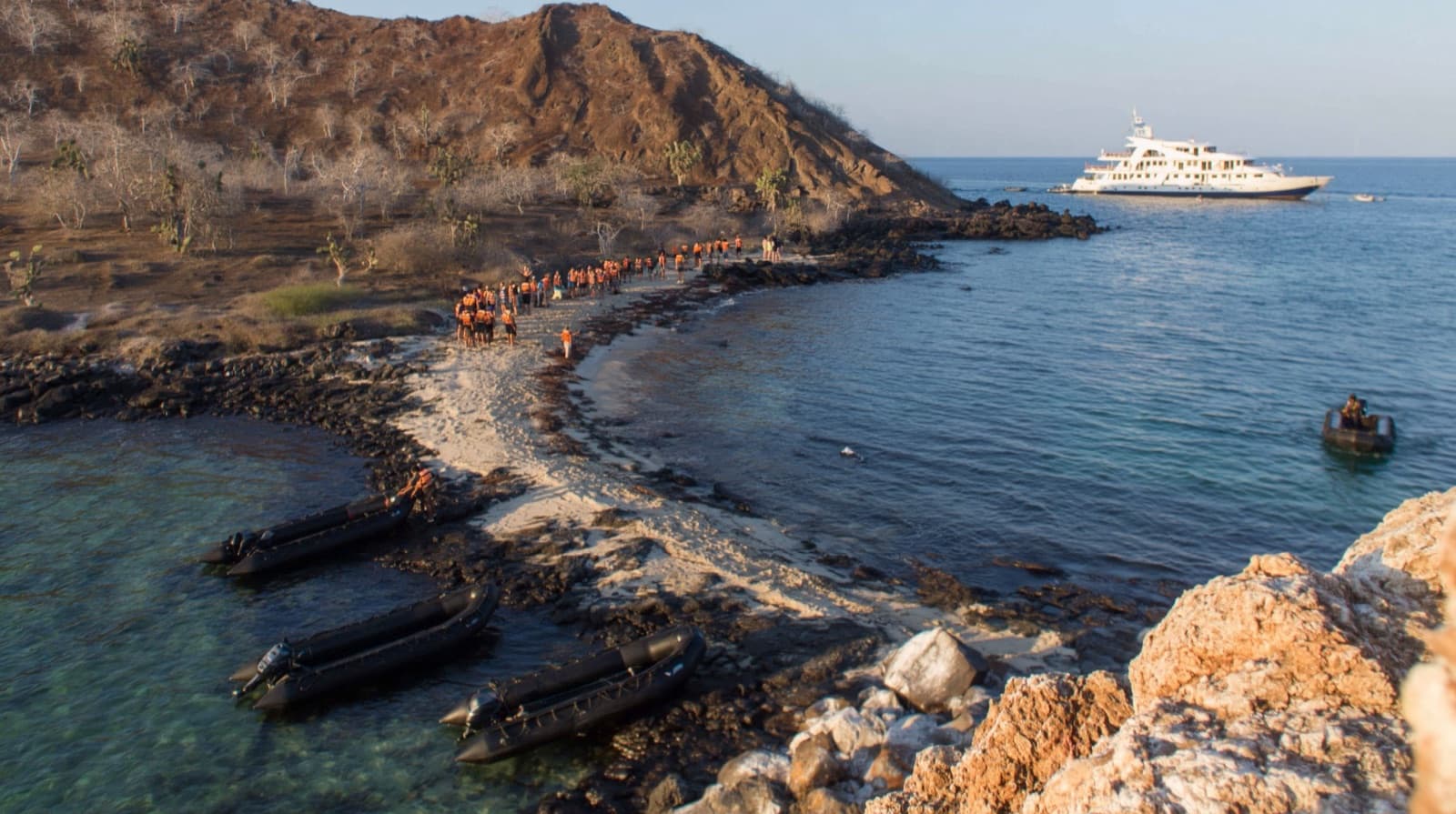 A 100-passenger expedition ship offshore, with multiple decks and a panga fleet.