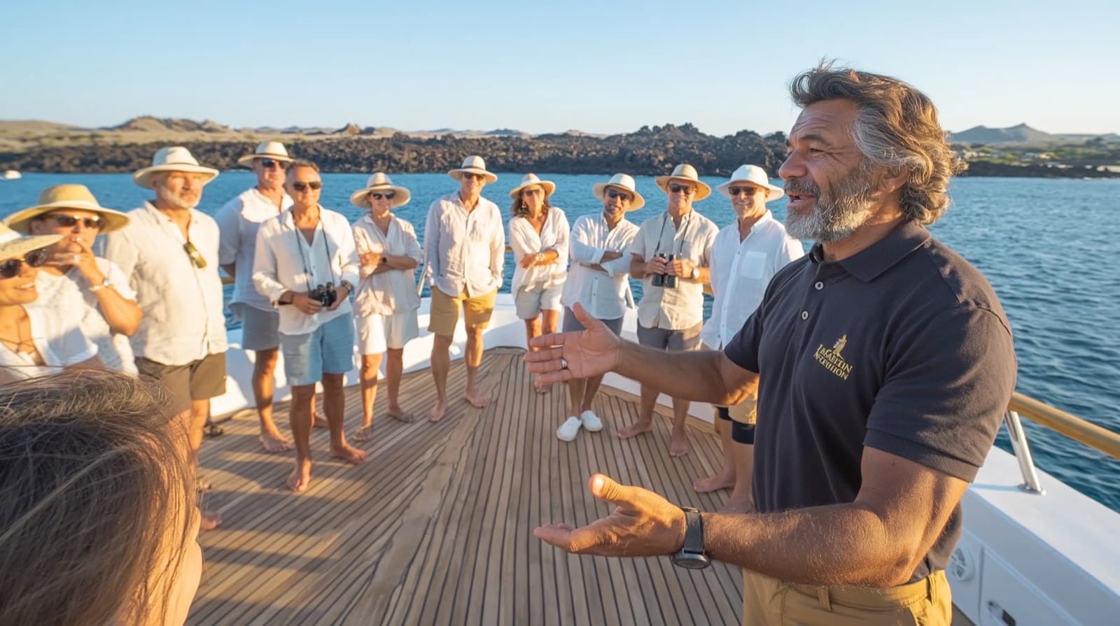 A naturalist guide leading a small group of cruise passengers through a marine iguana colony on a basalt shore.